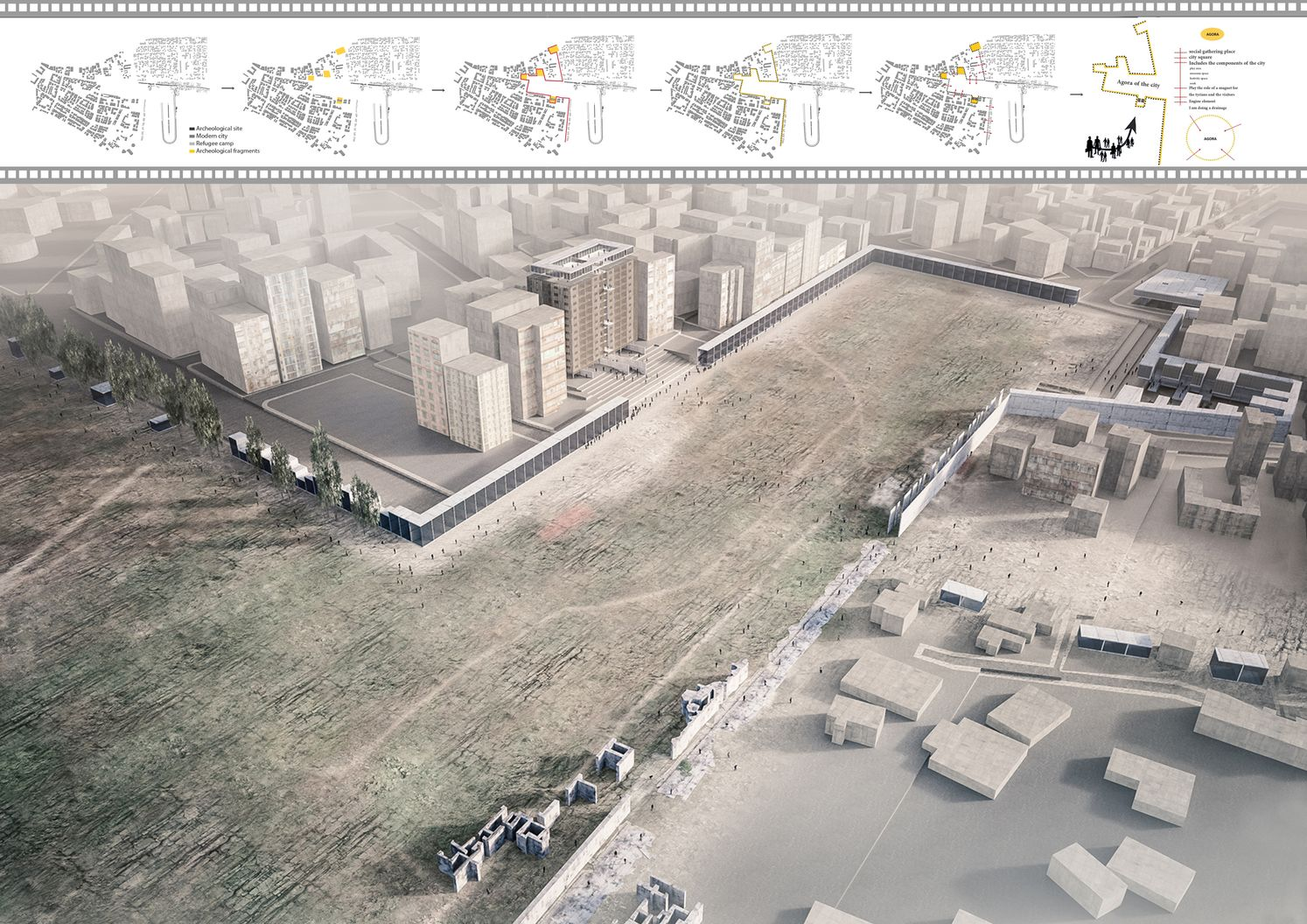 Urban strategy visualizing the archaeological void as a connective public corridor within Tyr’s dense city fabric.