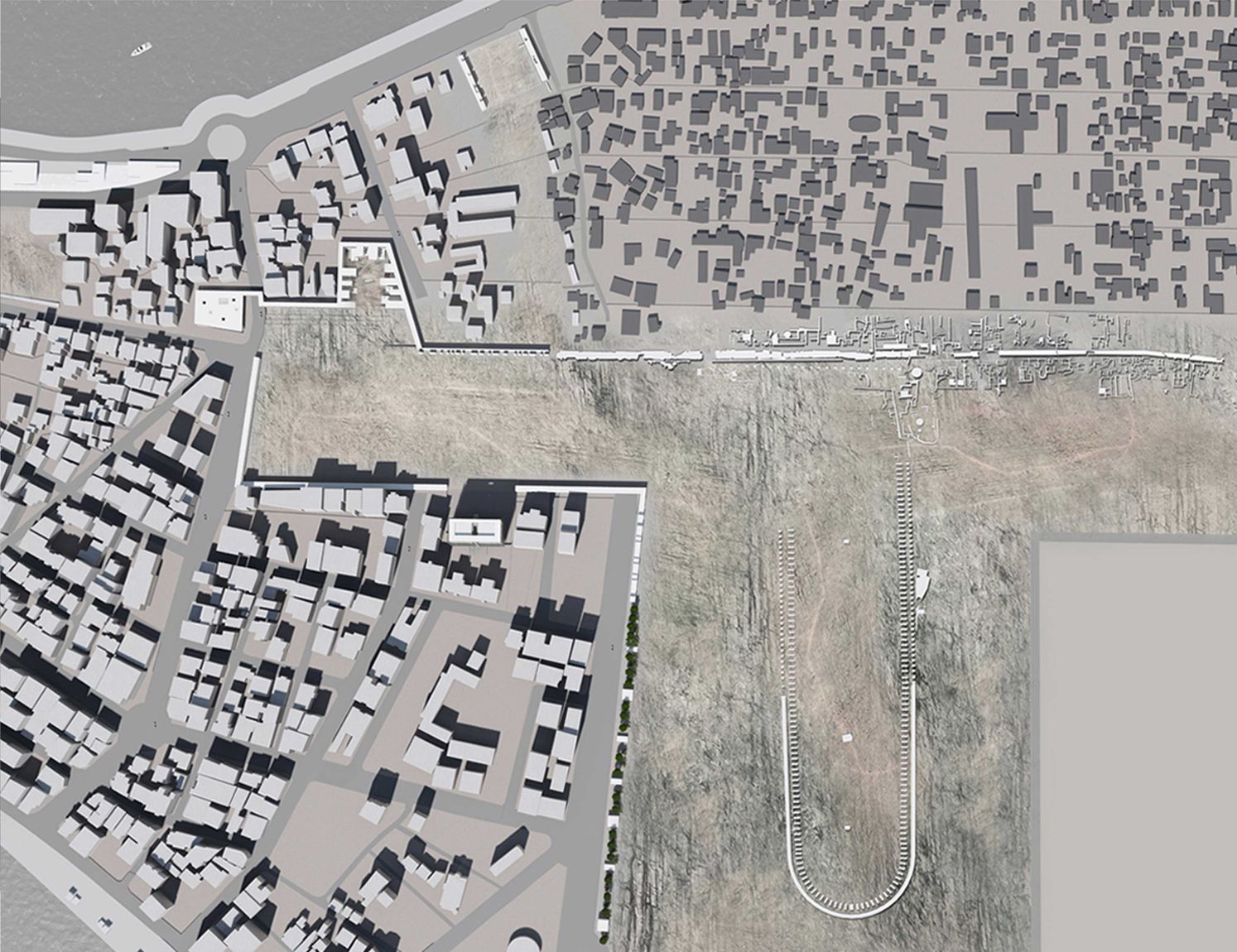 Plan view revealing the coexistence of modern urban blocks and preserved archaeological zones.