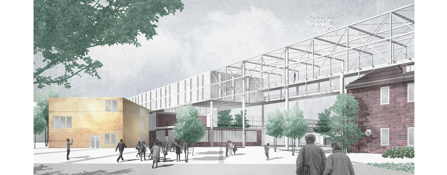 Public plaza framed by arches, encouraging gathering and collective use.