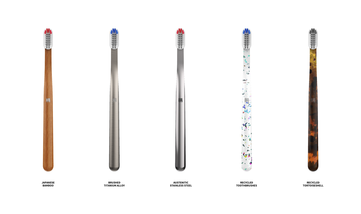 Material-driven handle variants showcasing bamboo, metal, and recycled composites within a modular toothbrush system.