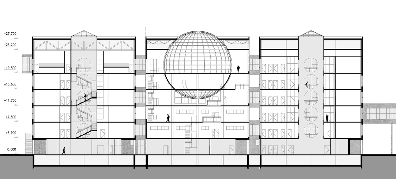Longitudinal section revealing the internal spatial hierarchy and the central spherical volume as the project’s core.