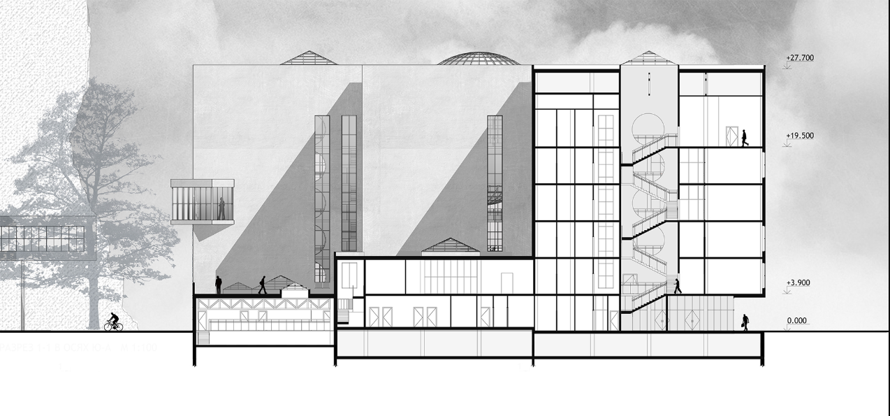 Cross section highlighting vertical circulation, functional zoning, and connections between research, education, and public spaces.