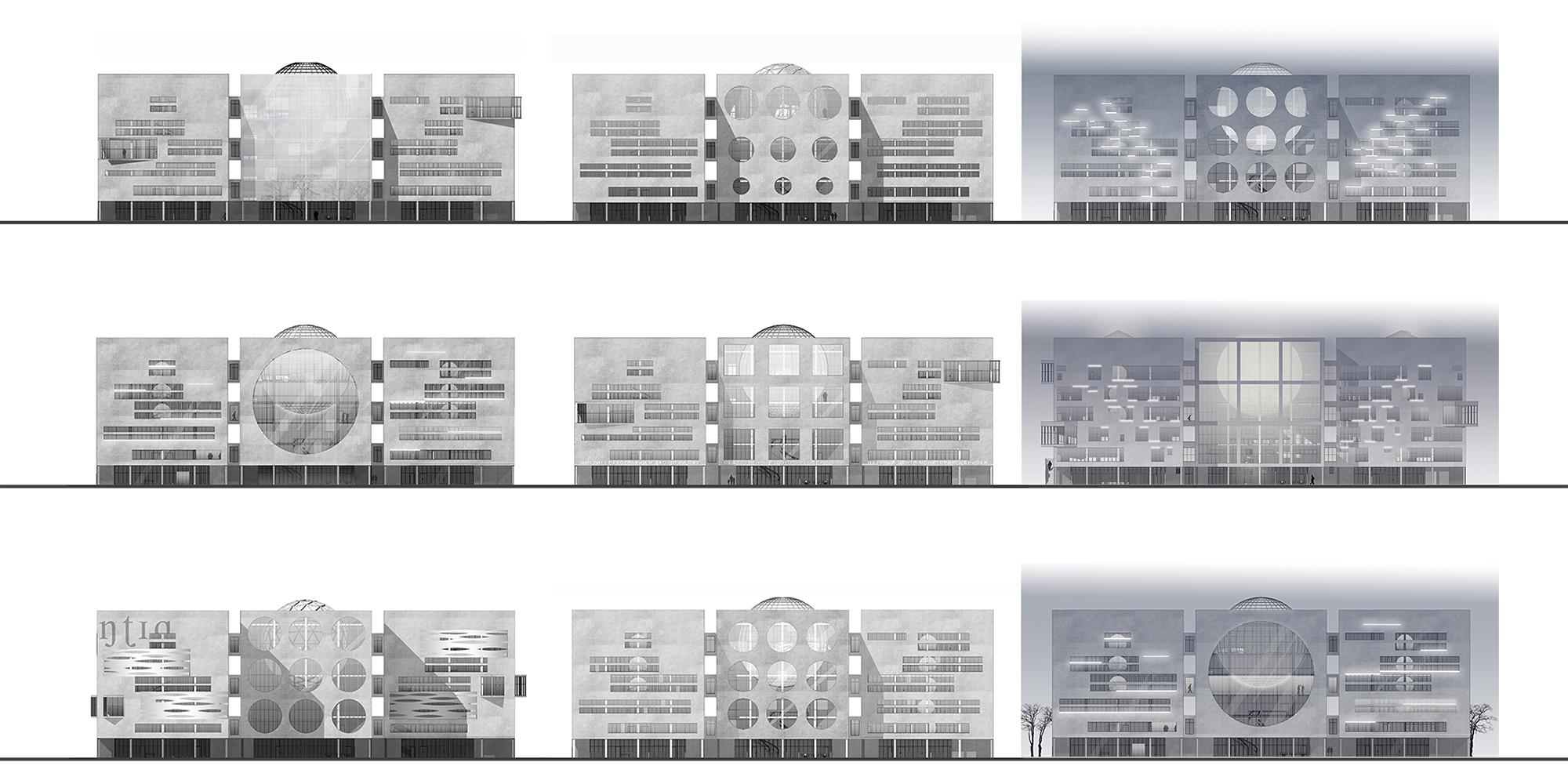 Comparative elevations illustrating the transformation of facade geometry and transparency along the building length.