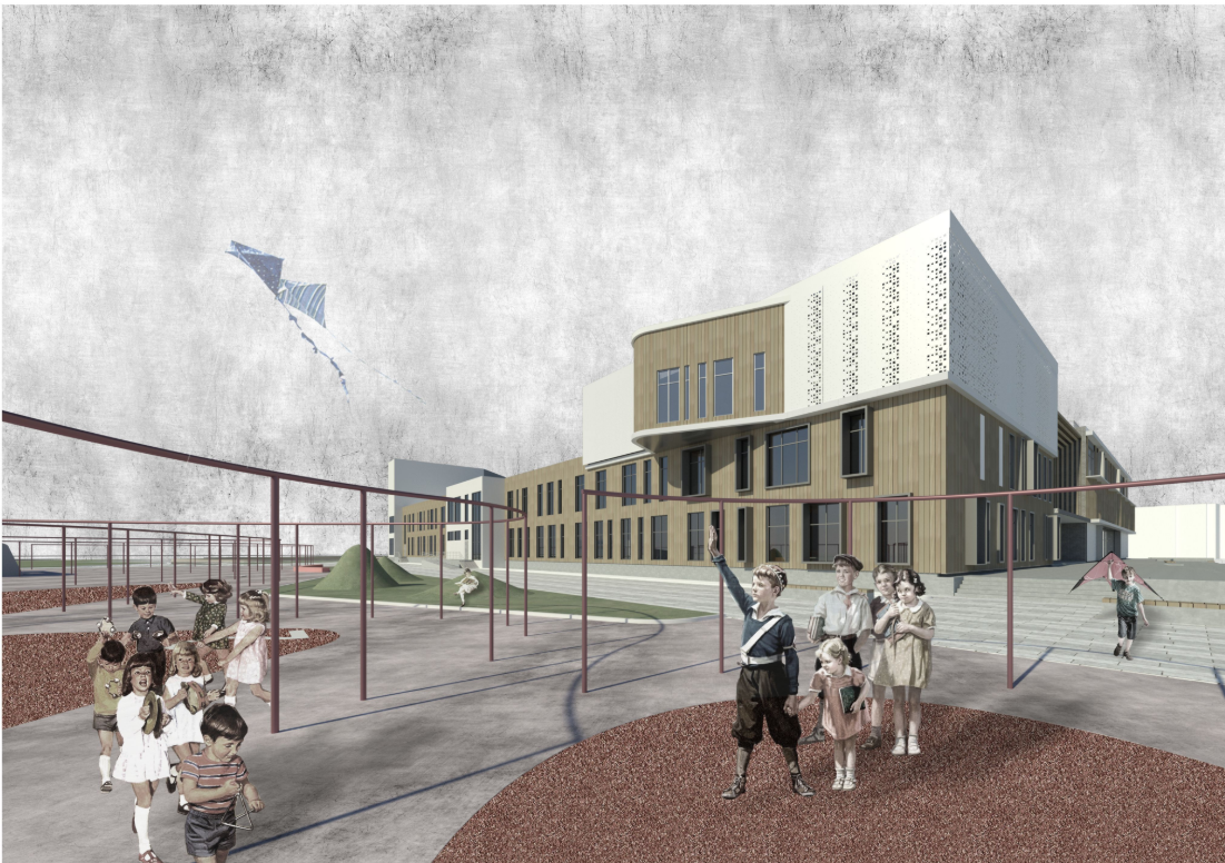 Playground and outdoor learning zones designed as active extensions of the educational environment.