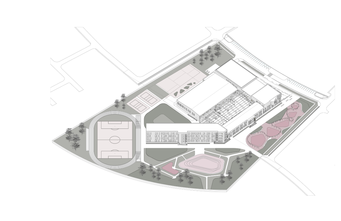 Integrated master plan illustrating the relationship between academic blocks, sports facilities, and landscape zones.
