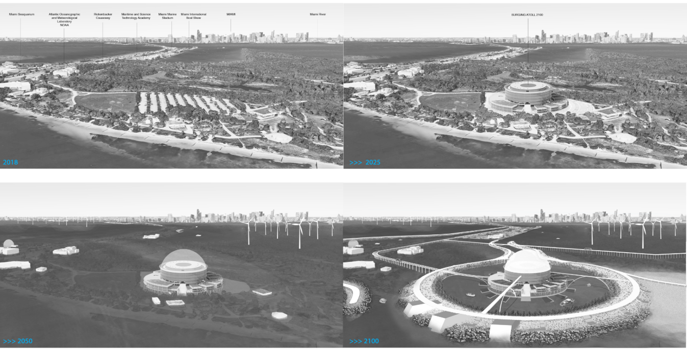 Virginia Key future scenarios showing the gradual transformation of the site from 2018 to 2100 under rising sea conditions.