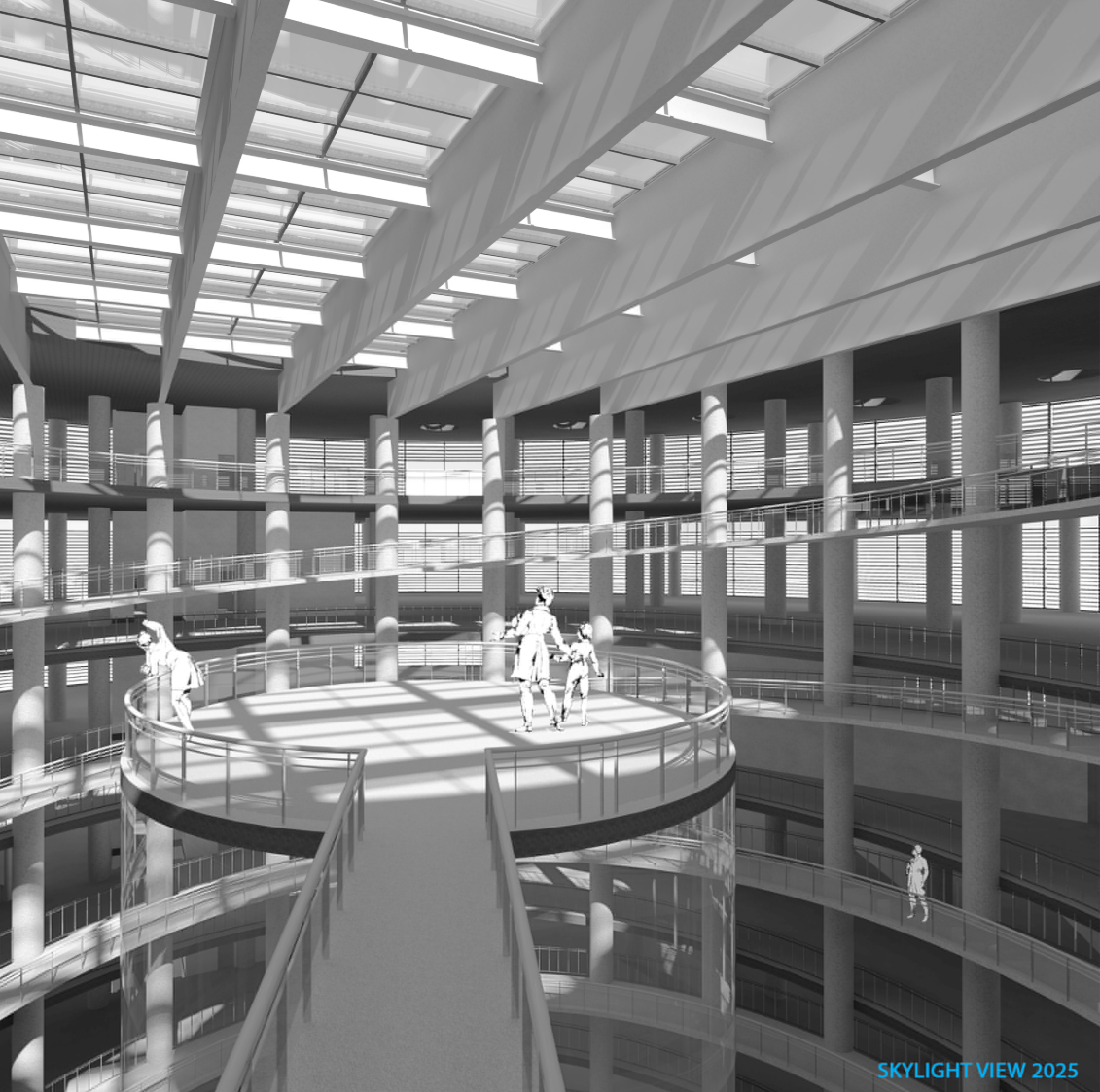 Interior skylight view highlighting vertical circulation, daylight strategy, and communal spaces within the climate-resilient structure.