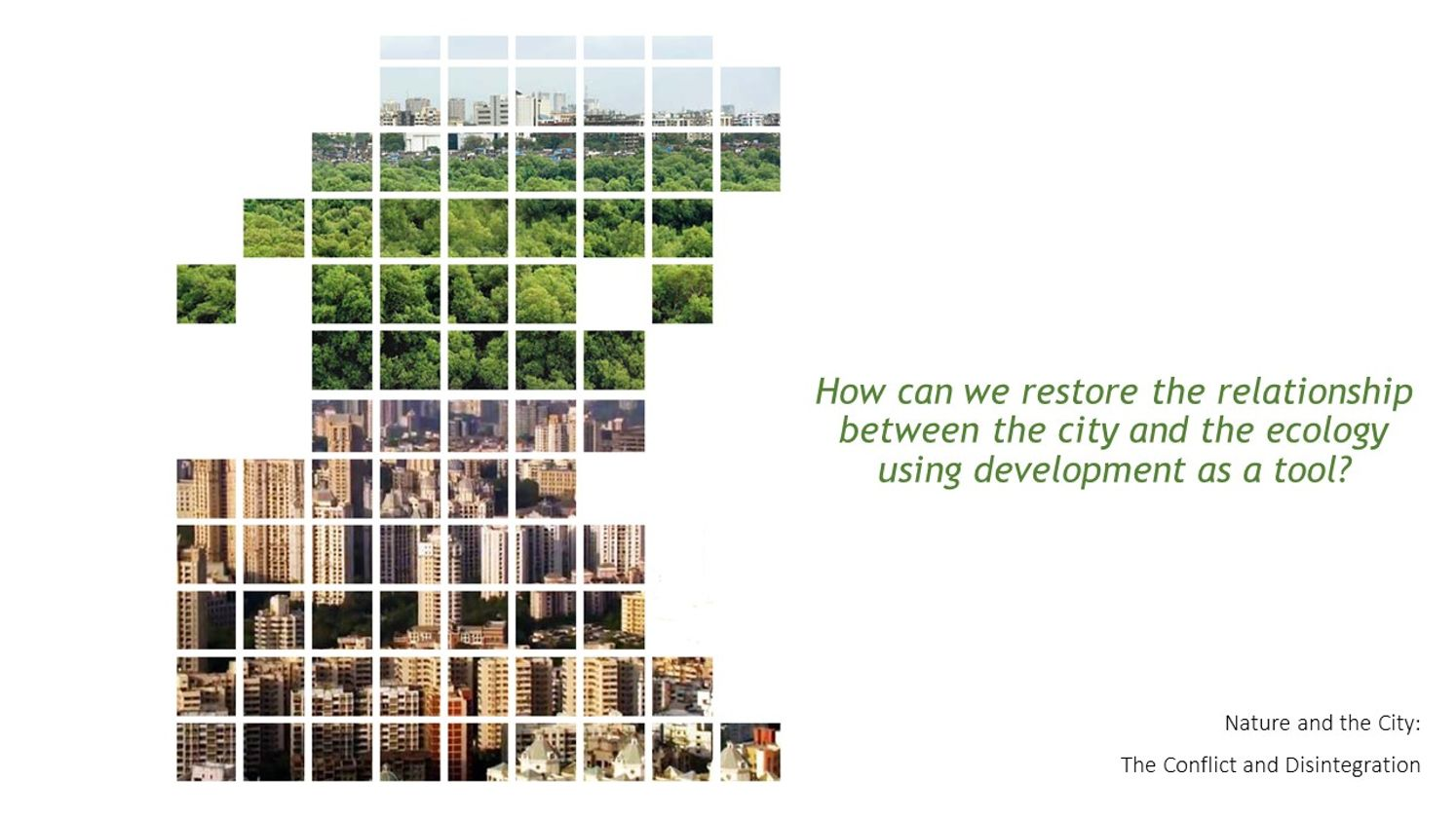 Visual narrative illustrating the conflict and fragmentation between urban growth and natural ecosystems.