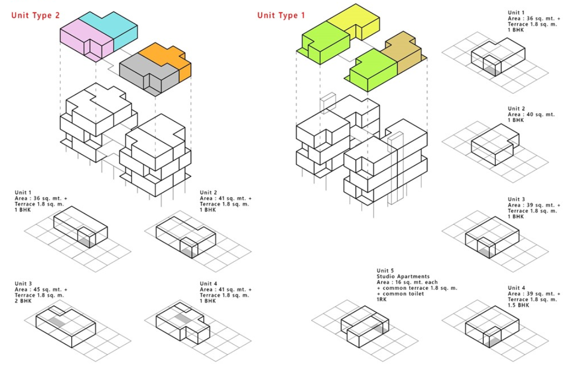 Exploded axonometric diagrams of adaptable housing units designed for flexibility, density, and incremental growth.