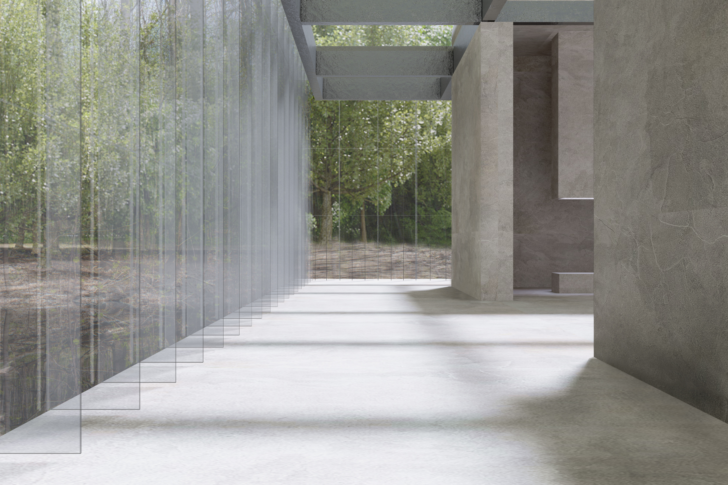 Glass-lined circulation corridor dissolving the boundary between architecture and forest.