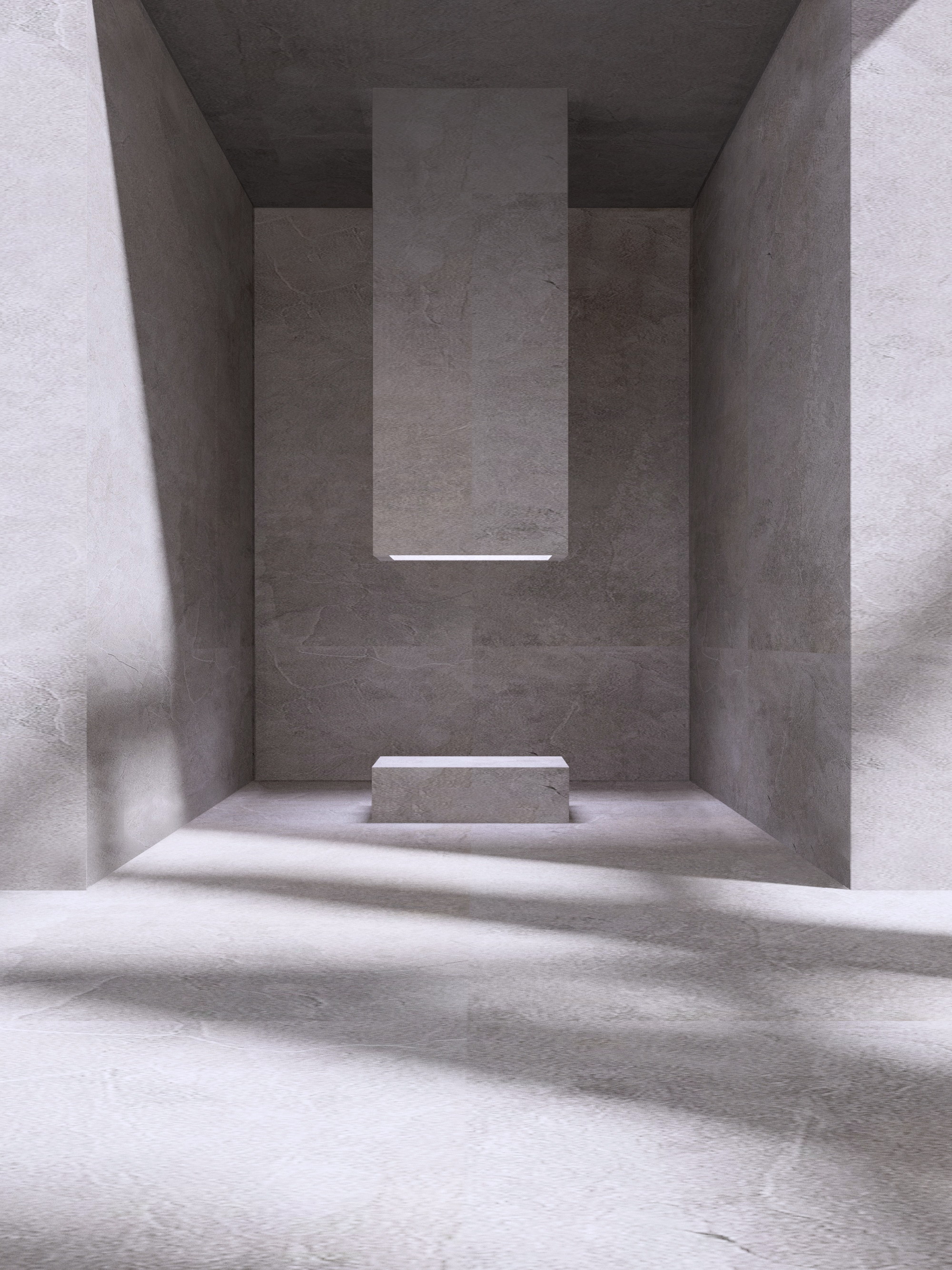 Minimal farewell chamber defined by light, proportion, and material restraint.