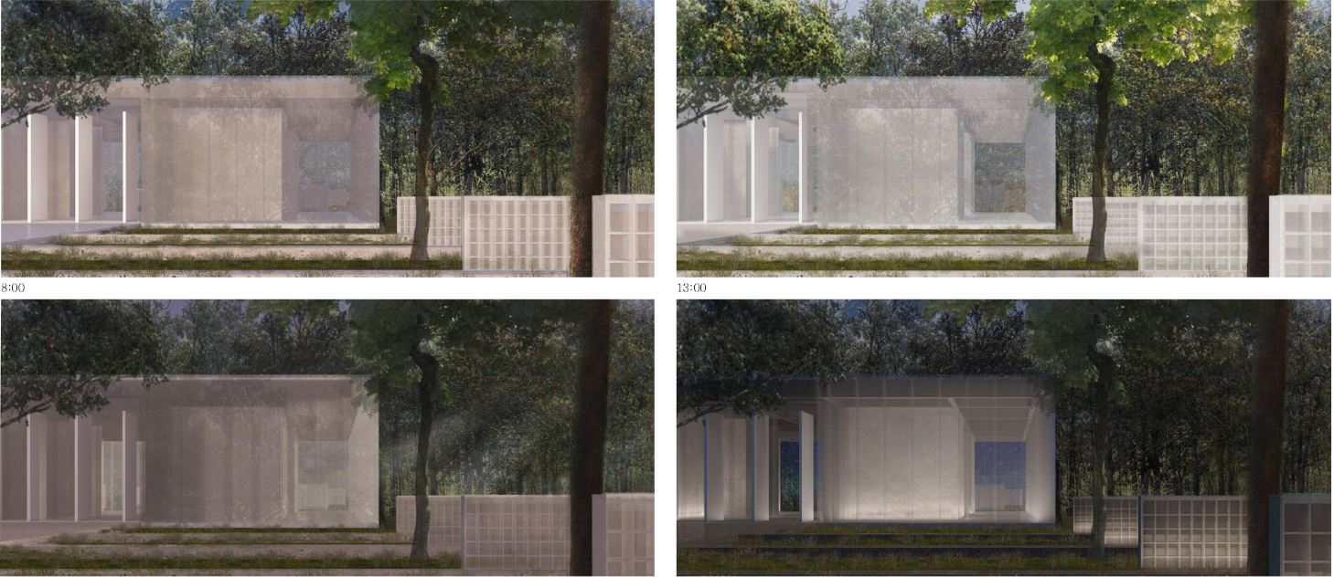 Daylight sequence demonstrating the crematorium’s changing atmosphere over time.