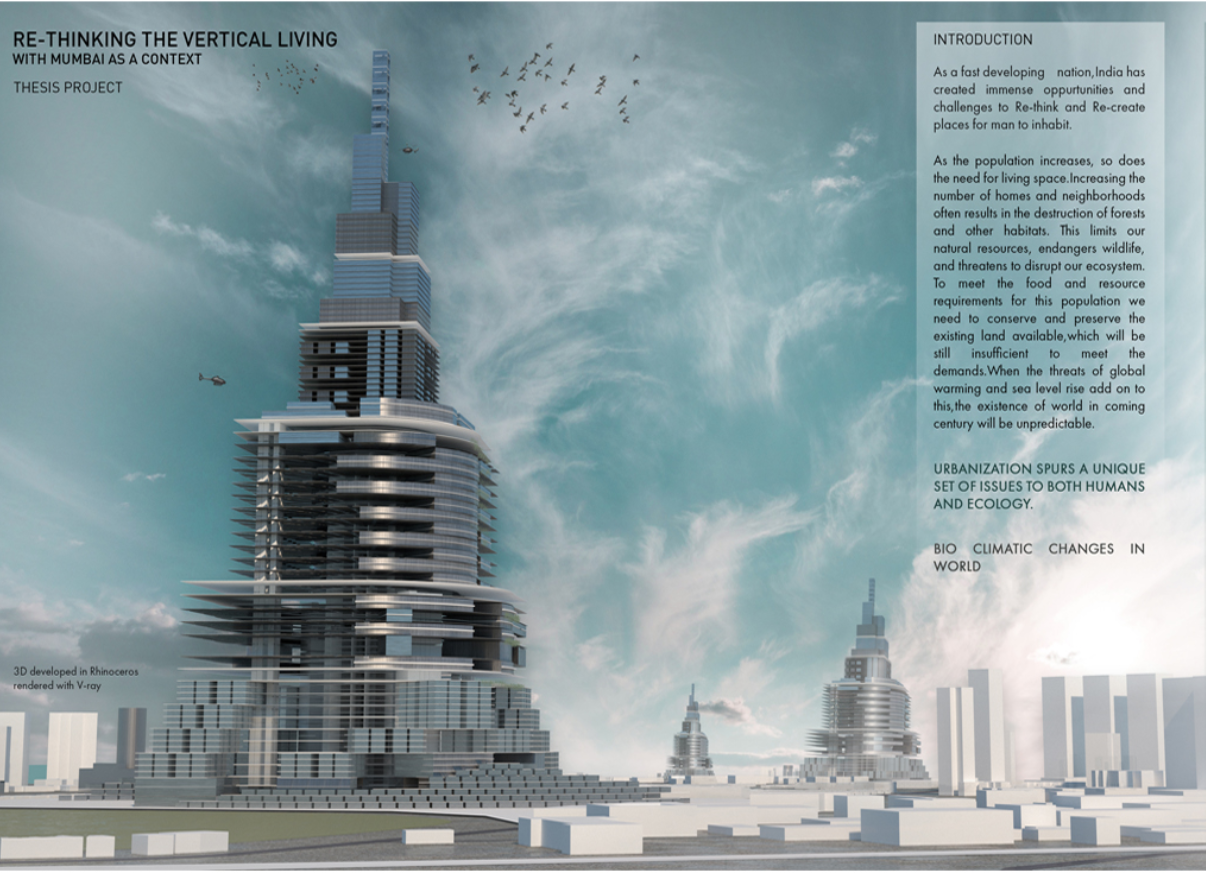 Overall massing and skyline integration of the vertical living prototype, reimagining Mumbai’s density through sustainable high-rise architecture.