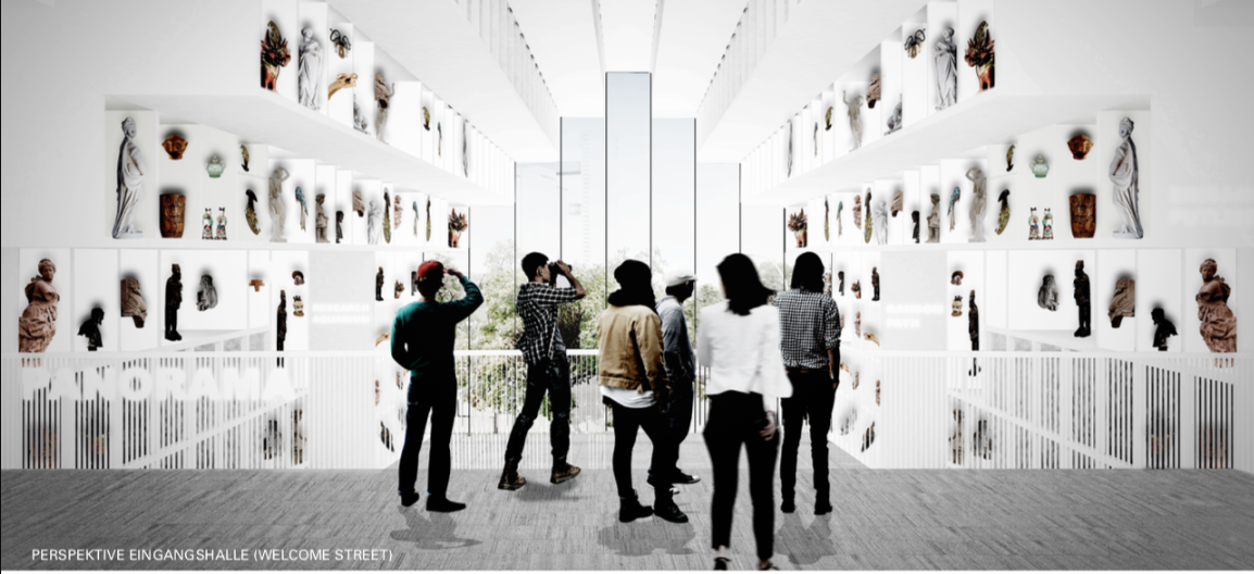 Welcome Street perspective – Storage becomes exhibition as visitors move through an open archive integrated into the museum’s circulation spine.