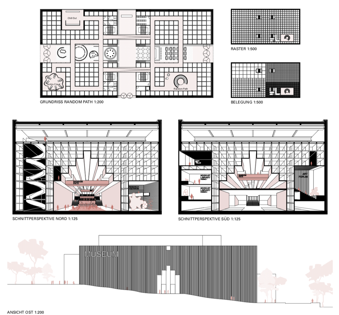 Random Path floor plan and sections – A non-linear circulation system encouraging exploratory movement through collections and programs.