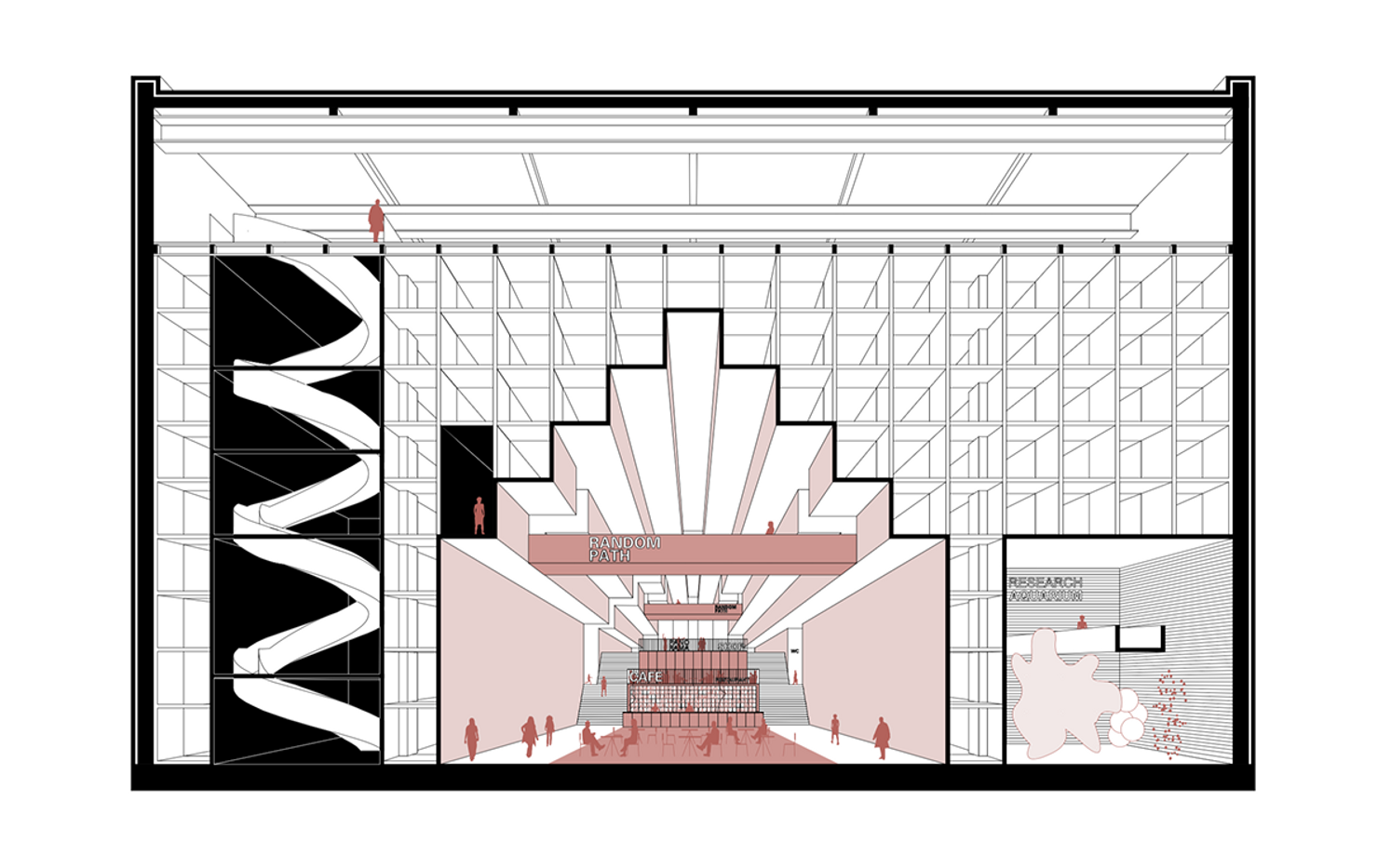 Sectional perspective through storage hall – Monumental voids carve experiential spaces within a dense, high-capacity storage grid.
