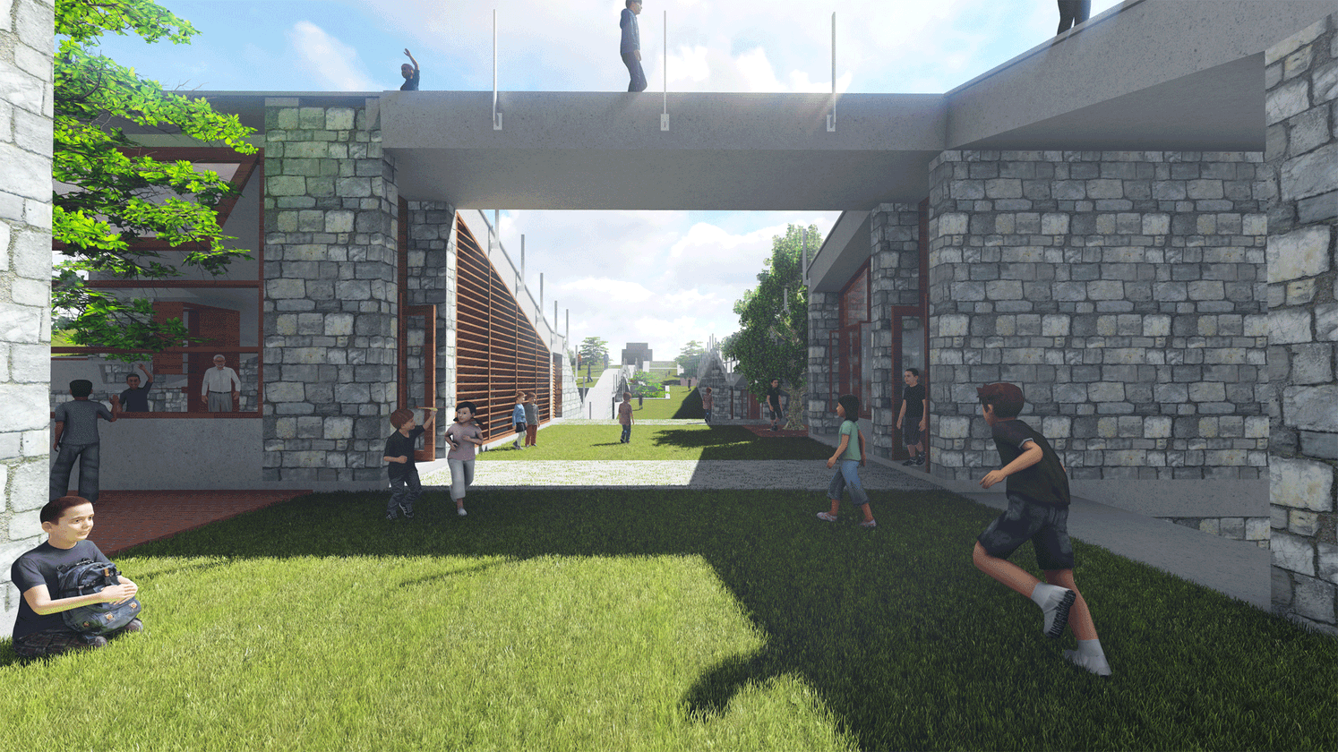 A central courtyard designed as a social learning landscape, encouraging play, movement, and informal interaction.