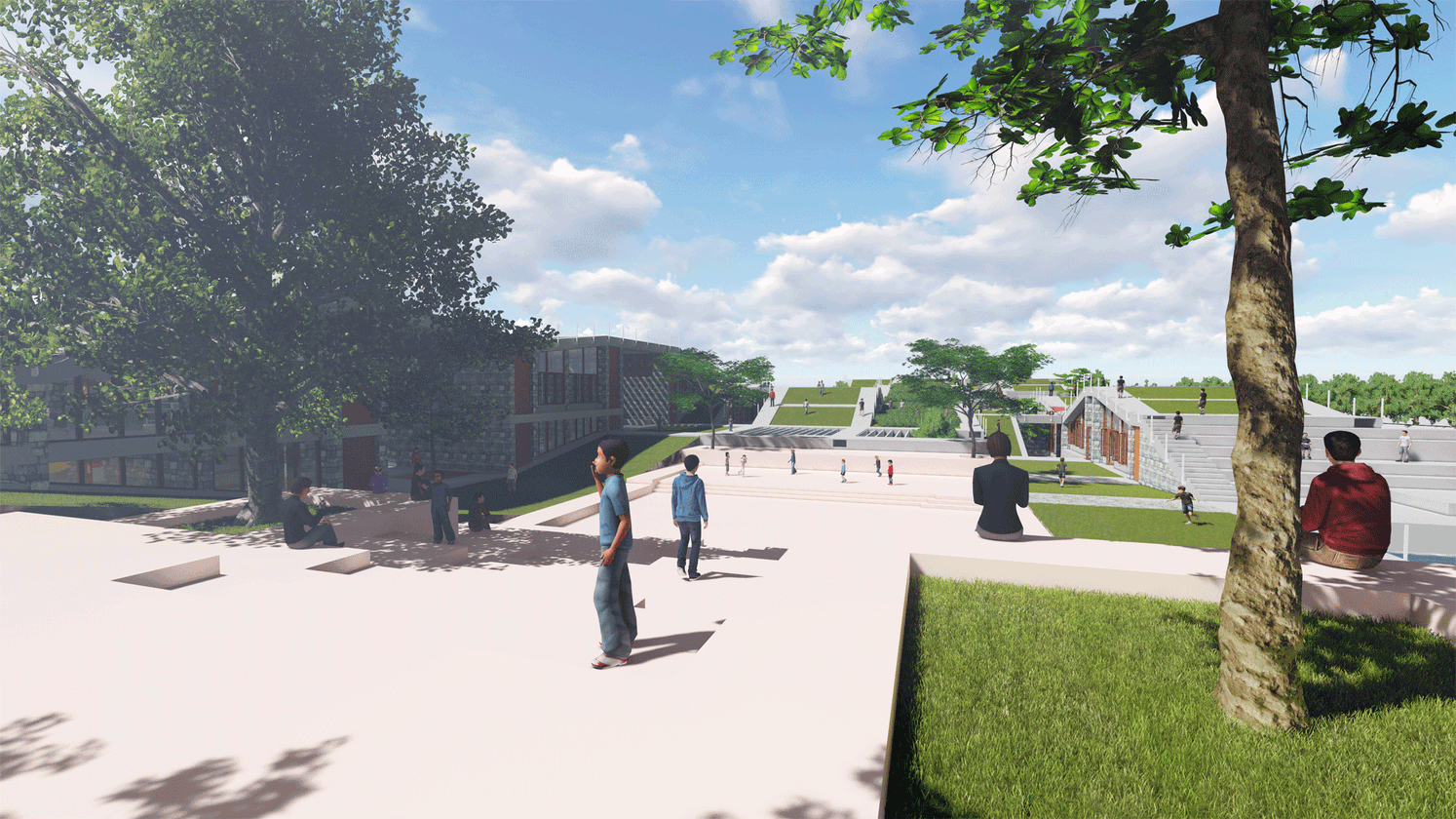 Open plazas and shaded greens create flexible environments for reflection, dialogue, and community learning.