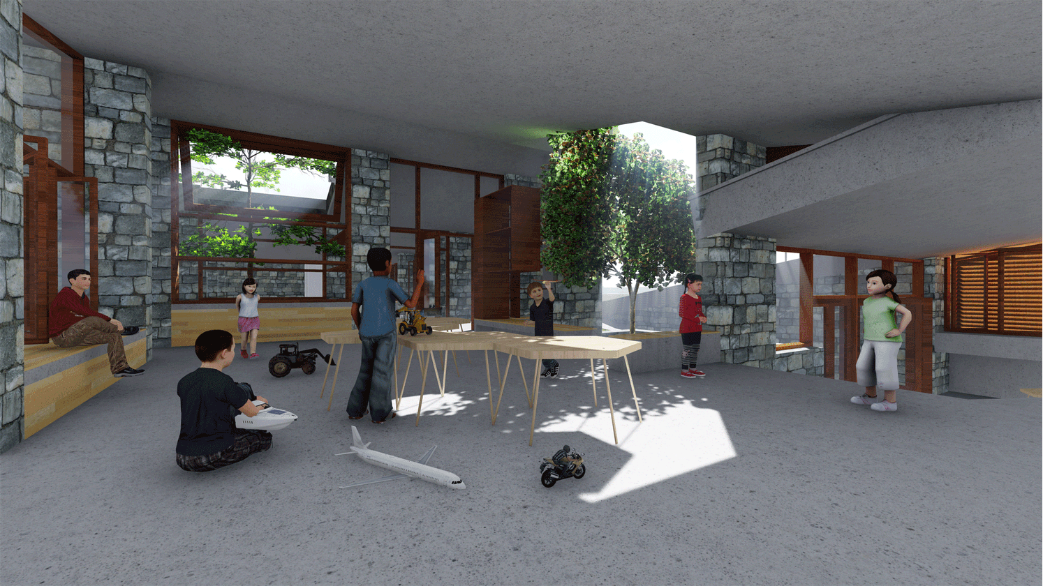 Classrooms dissolve into open studios, supporting creativity, collaboration, and hands-on learning.