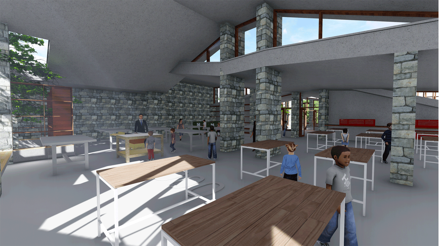 Transitional learning zones blend indoor activities with nature and daylight.