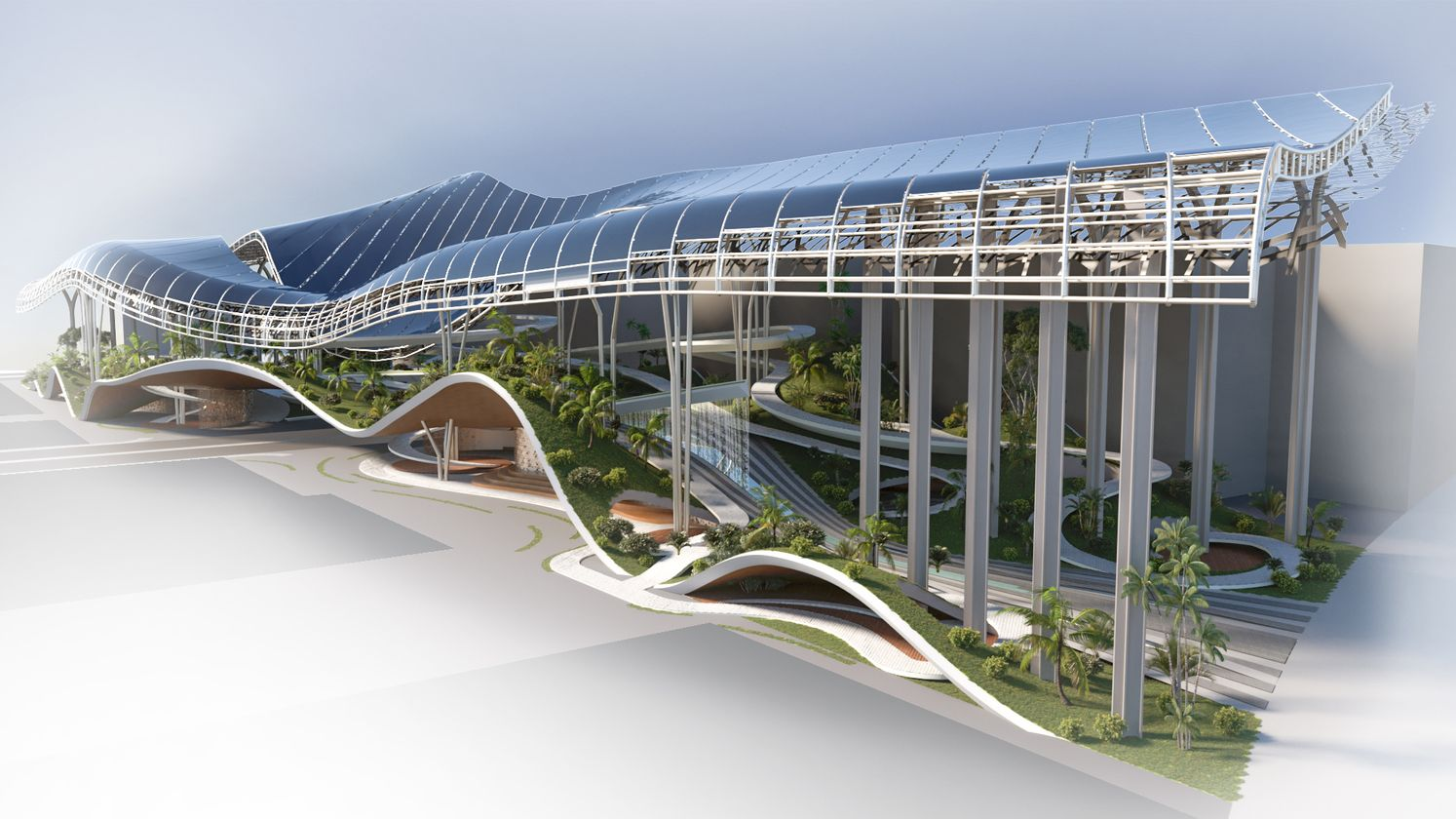 A continuous solar canopy defines the project, merging renewable energy infrastructure with public space and landscape.