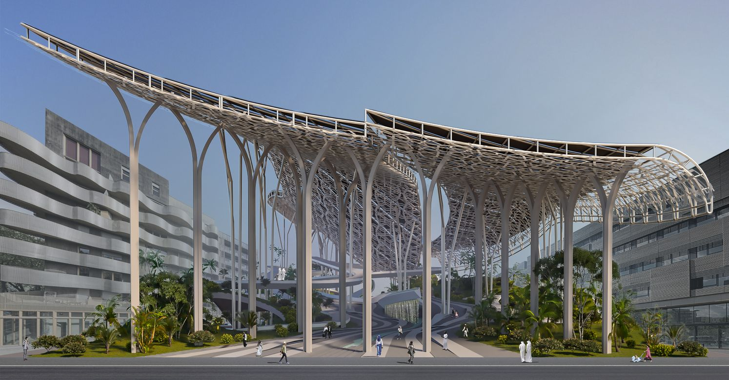 The project transforms the street edge into a shaded civic gateway connecting city blocks through landscape and movement.