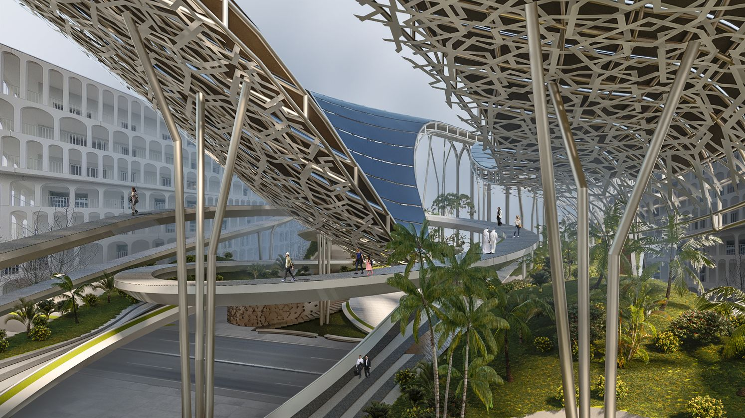 Elevated walkways weave through gardens and water features, forming a layered public realm beneath the canopy.