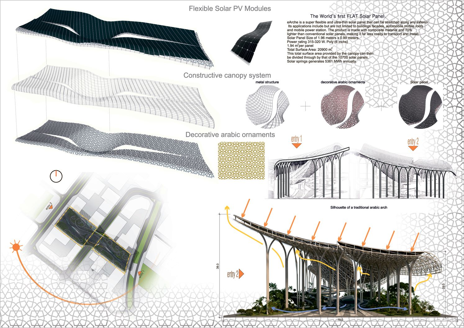 Diagrammatic studies reveal the constructive canopy system, combining solar panels, structural logic, and ornamental patterns.