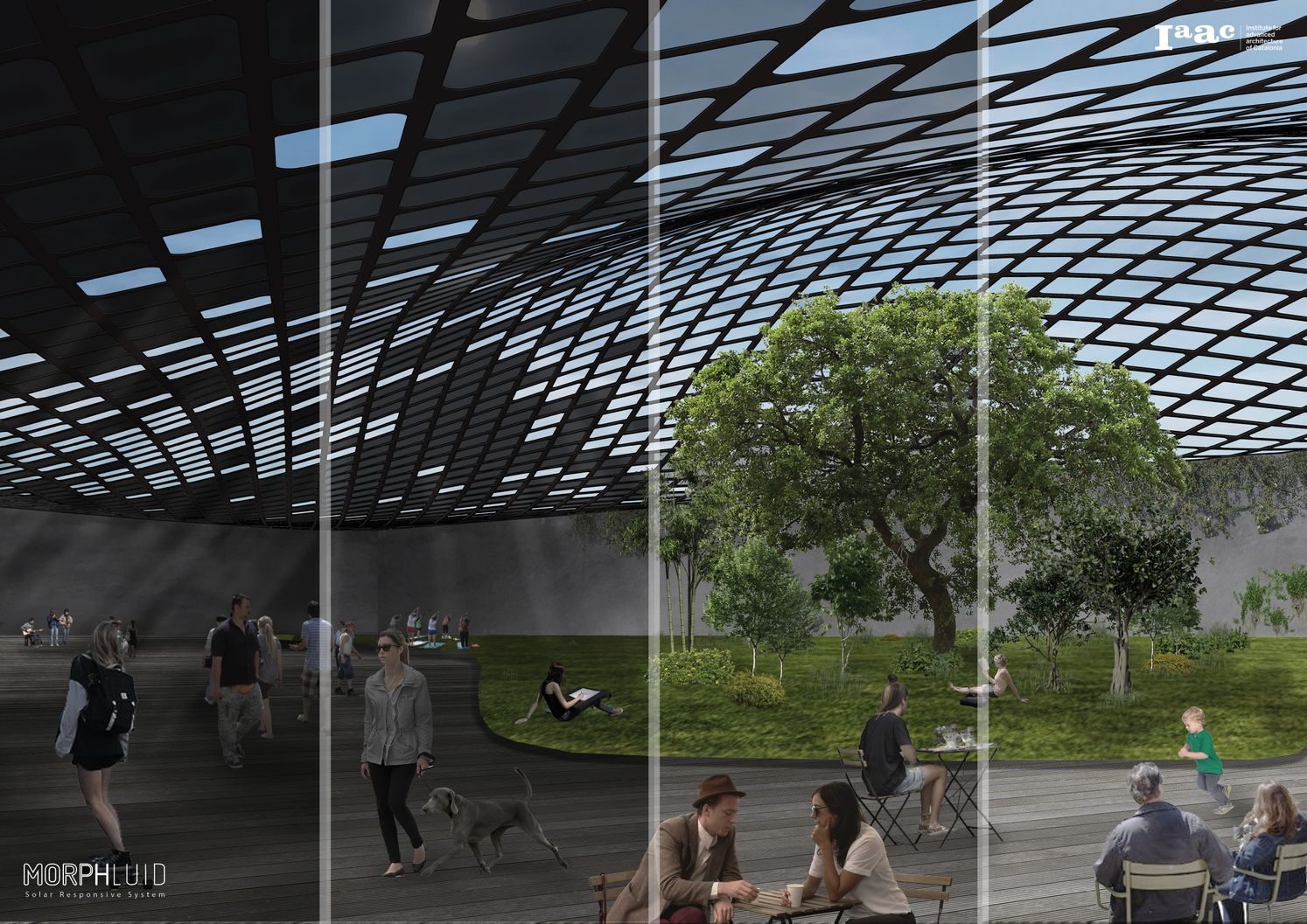 Architectural visualization showing MORPHLUID integrated as a climate-responsive canopy in public space.