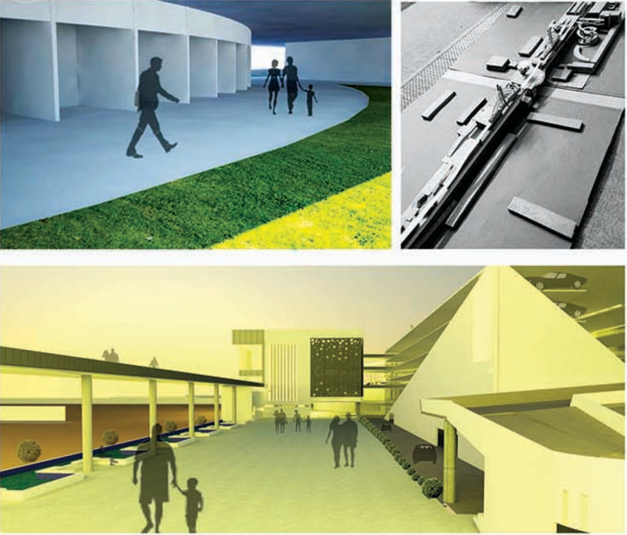 Pedestrian-oriented public walkway integrating green buffers within the bridge structure.
