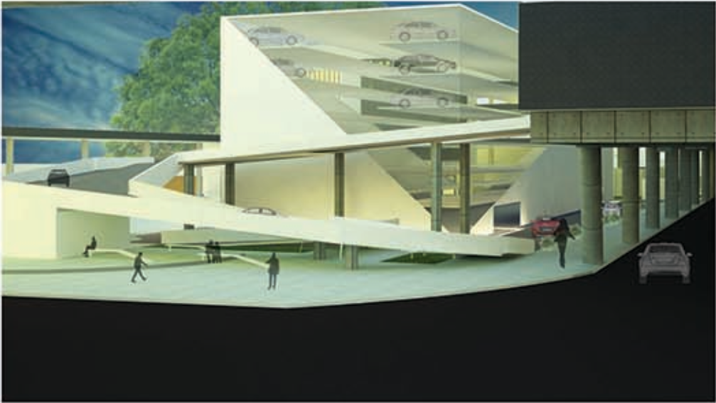 Physical model illustrating the linear urban bridge connecting major commercial nodes.