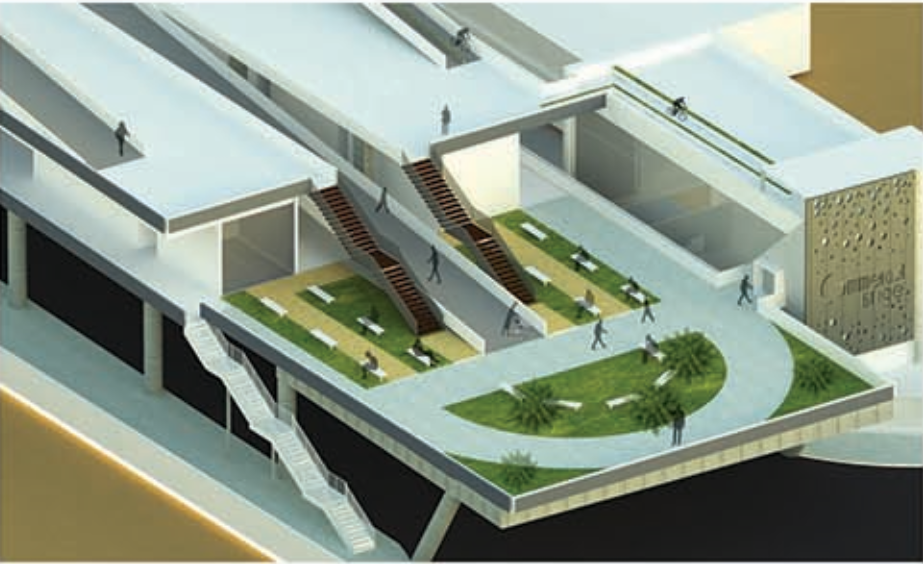 Terraced public spaces and stepped plazas activating the bridge deck.