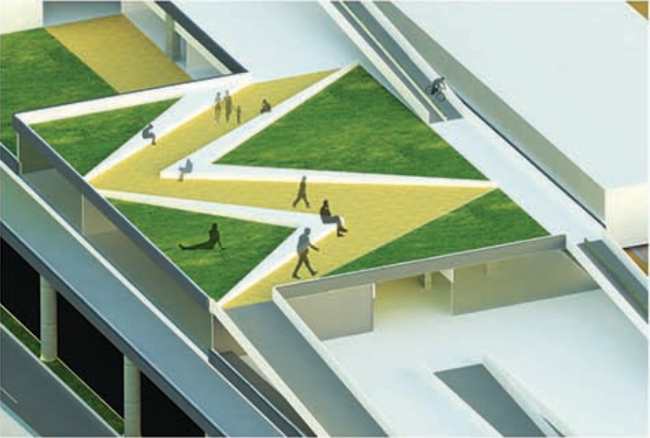 Landscaped roof-level promenade designed as a pause and interaction zone.
