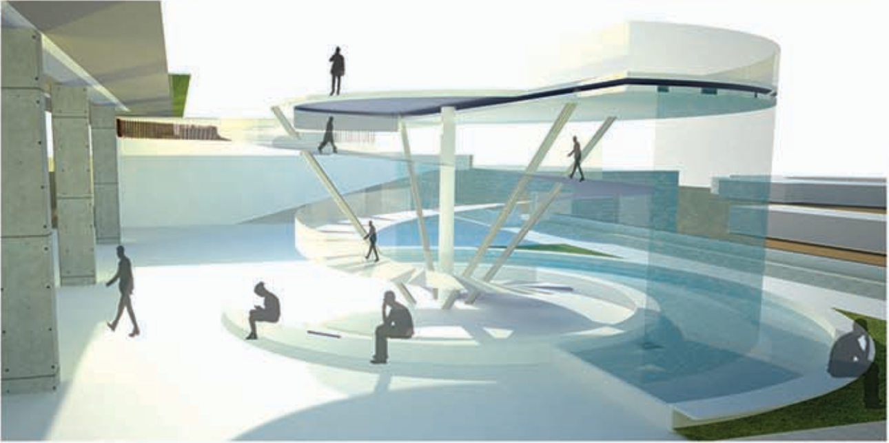 Central public square with fountain tower acting as the social and visual focal point.