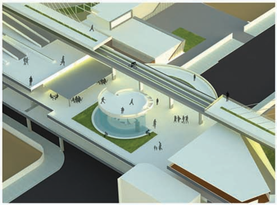 Aerial view of the bridge integrating pedestrian circulation, public plaza, and transit flow.