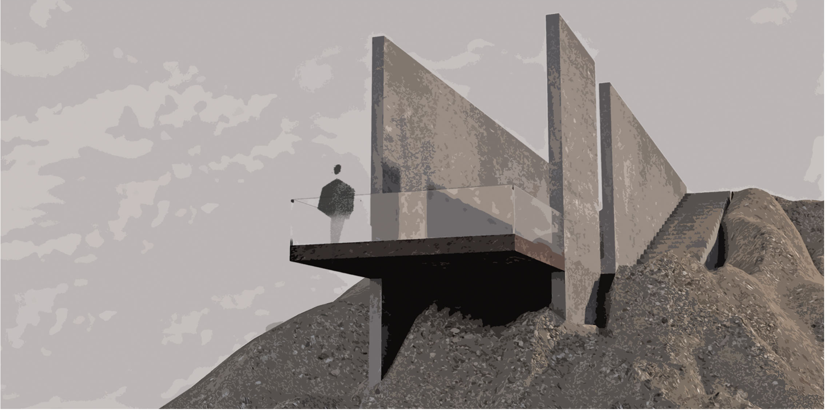 A minimal lookout intervention framing the landscape at the junction of rivers and histories.