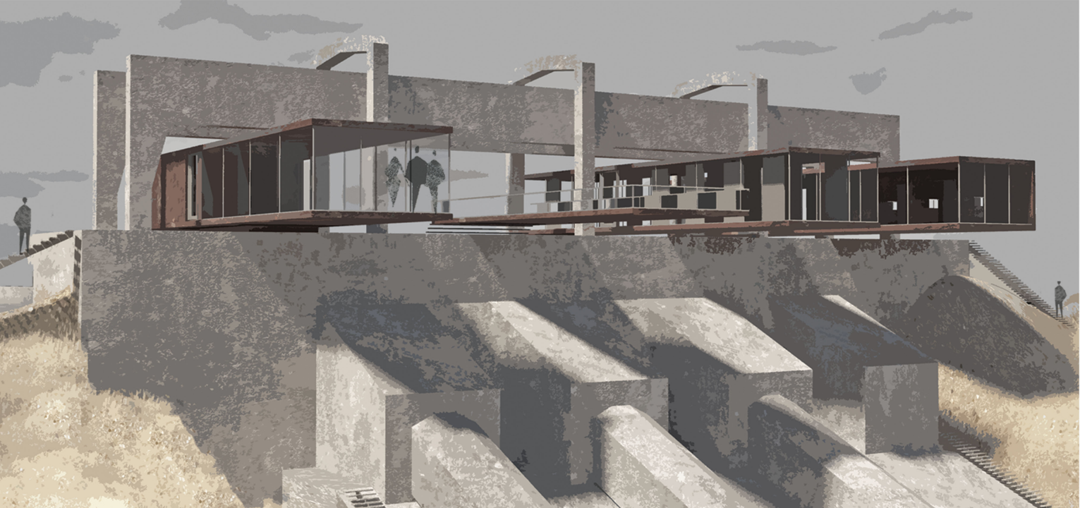 A cantilevered restaurant platform overlooking the trail, suspended between land, memory, and horizon.