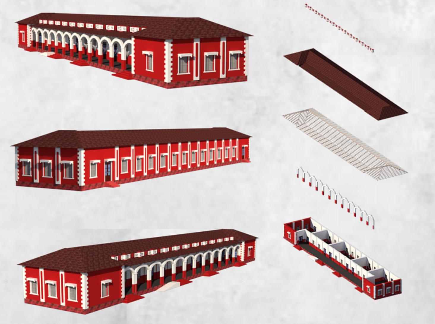 J-Block Administrative Building — Exploded view illustrating spatial organization and structural components.