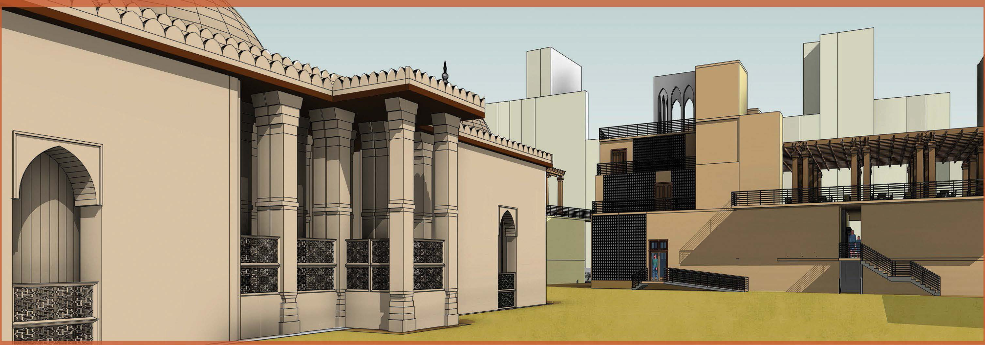 View of the museum building emerging from the open green plaza around Raja No Hajiro, creating a heritage appreciation buffer.