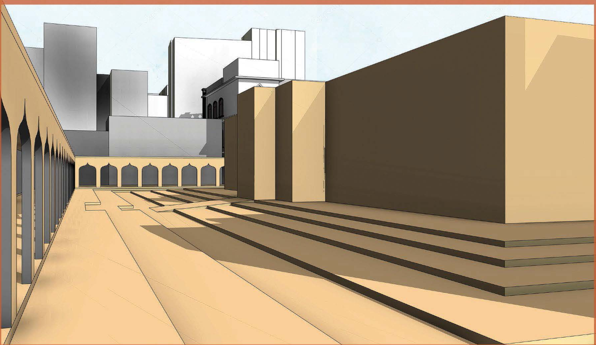 Stepped public plaza and covered arcade system designed to enhance walkability and spatial continuity around Rani No Hajiro.