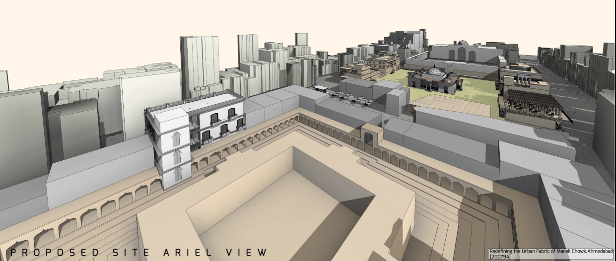Aerial perspective highlighting the adaptive reuse strategy and newly introduced public spaces within the historic market precinct.