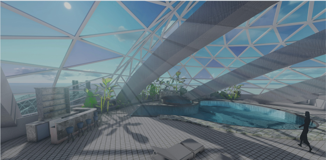 Pool and spa overlooking the Arabian Sea, enclosed within a solar-integrated structural skin.