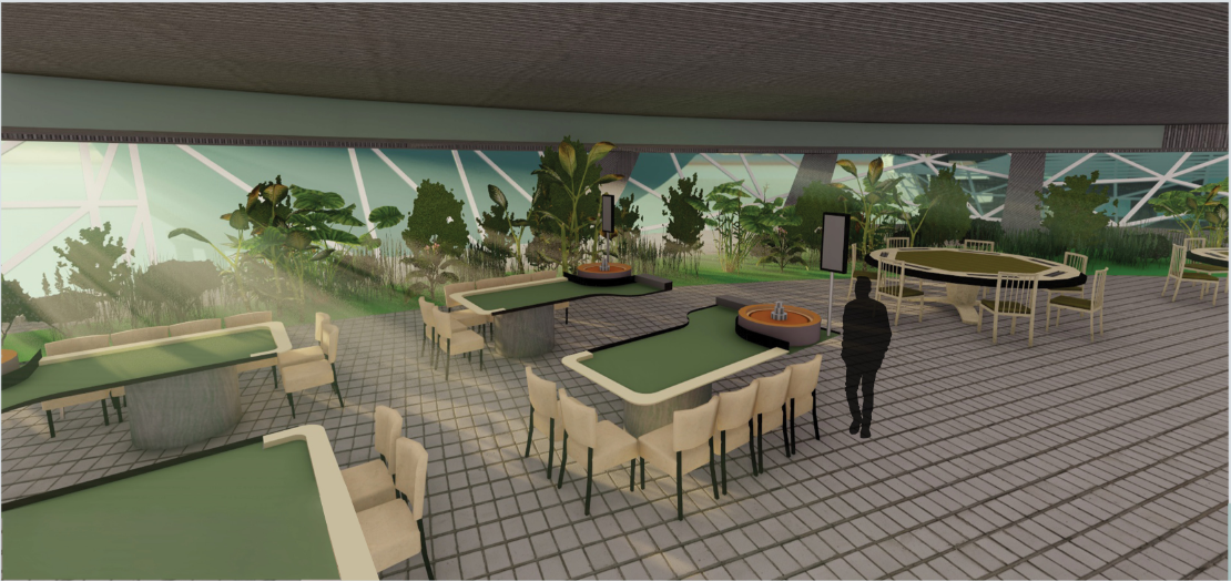 Casino and communal leisure space integrated with indoor vegetation and panoramic ocean views.