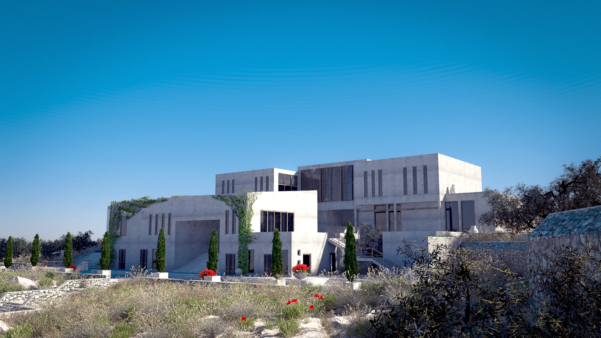 Minimalist façade composition inspired by Mediterranean architectural language.