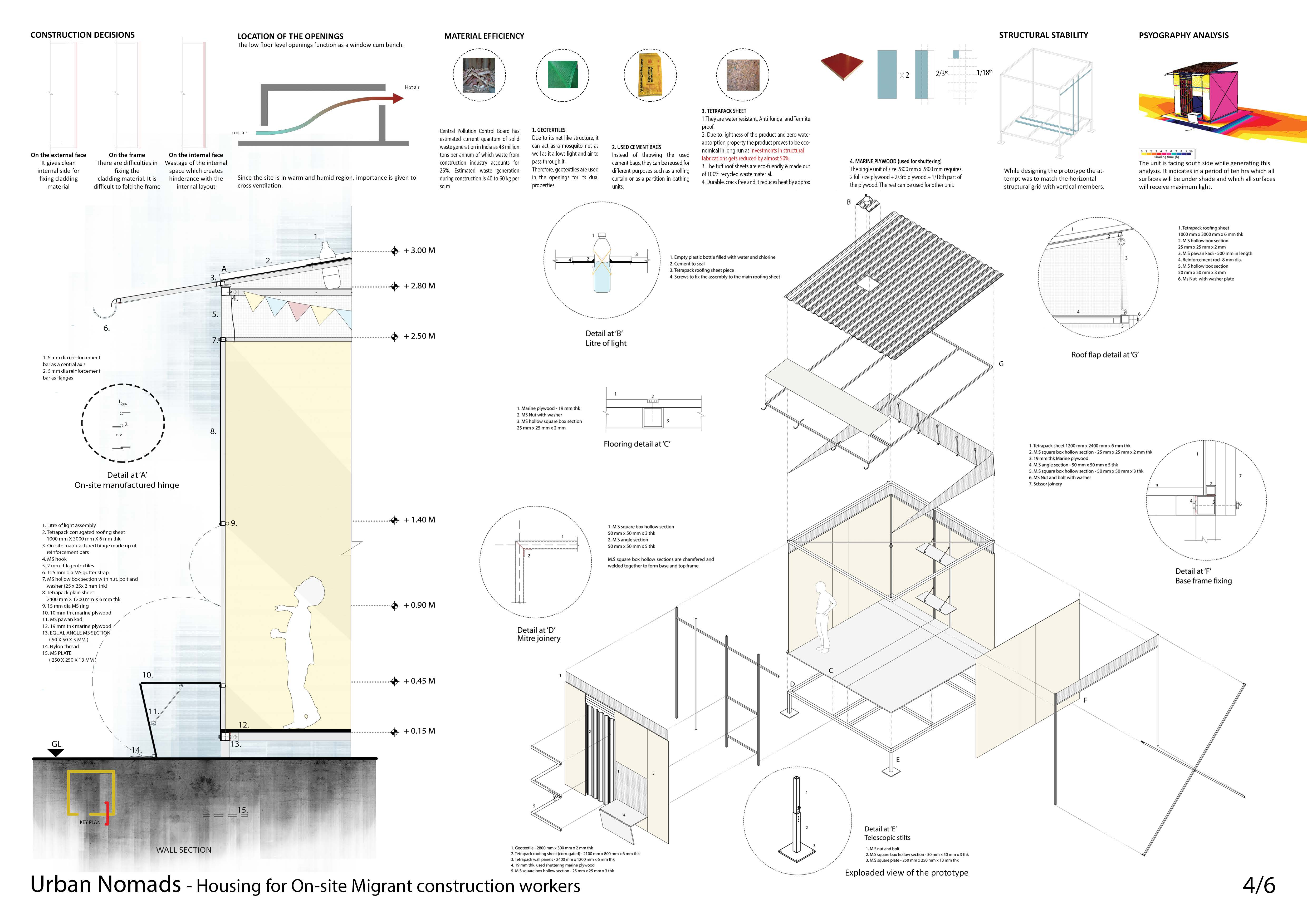 Exploded axonometric illustrating material efficiency, construction logic, and ease of on-site assembly.