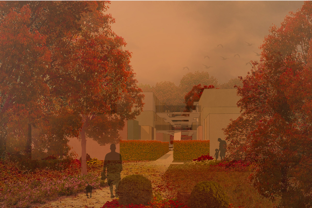 Seasonal rendering showcasing the human-scale experience and adaptability of the modular housing environment.