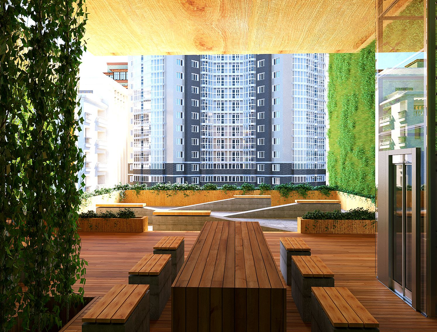 Courtyard-like interior fostering social interaction and calm
