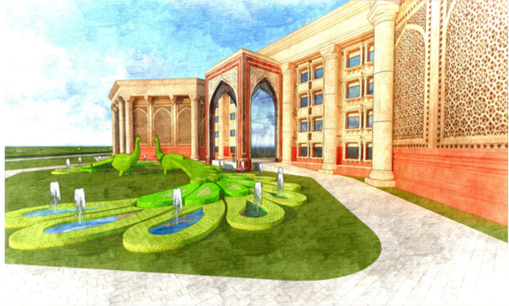 Interior public hall showcasing mushroom-shaped columns and fluid spatial continuity.