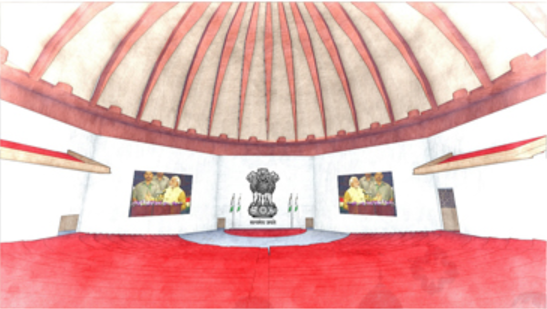 Central legislative chamber beneath the symbolic dome inspired by the Ashoka Chakra.