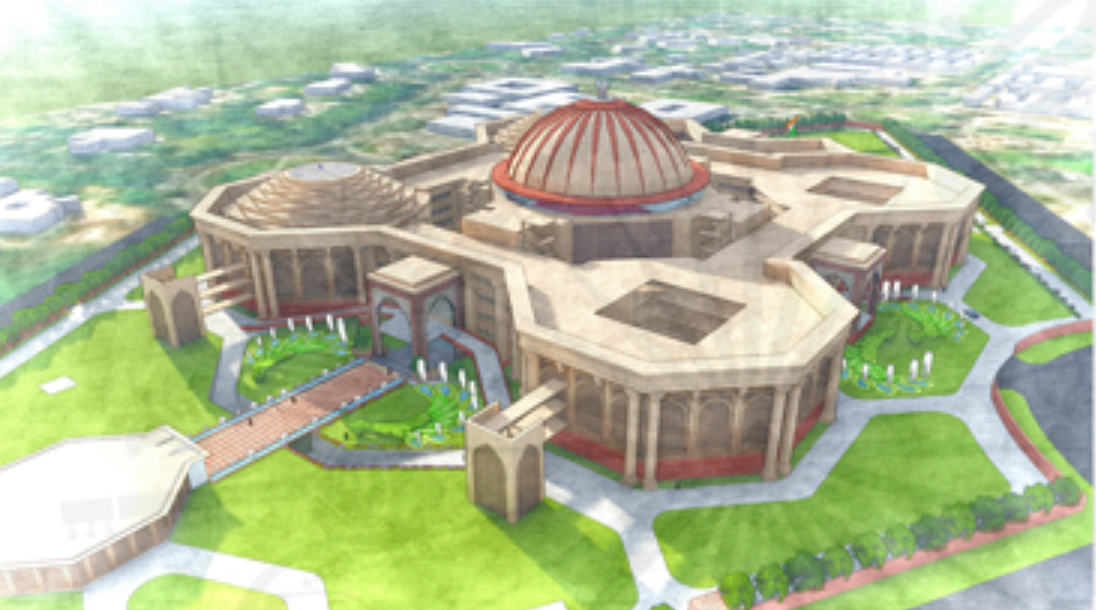 Aerial view of the New Parliament House master plan emphasizing symmetry, courtyards, and axial planning.